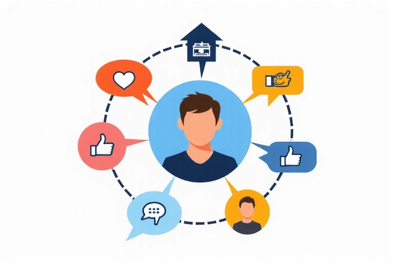 Illustration de l'engagement sur les médias sociaux avec des icônes de likes et de commentaires