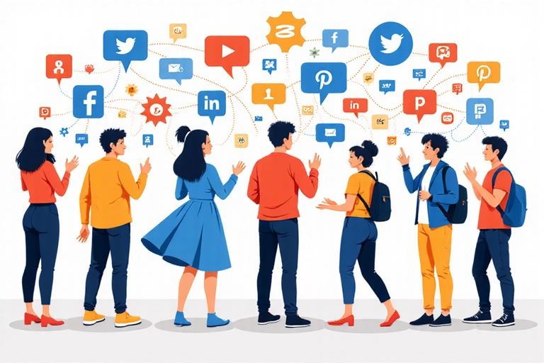 Illustration de personnes connectées via les médias sociaux, représentant l'influence