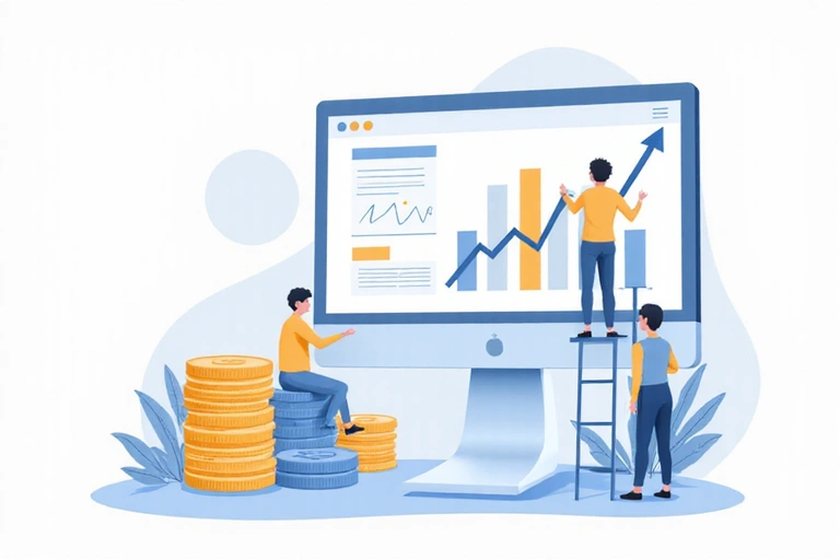 Illustration de graphiques de performance publicitaire et d'icônes de devises